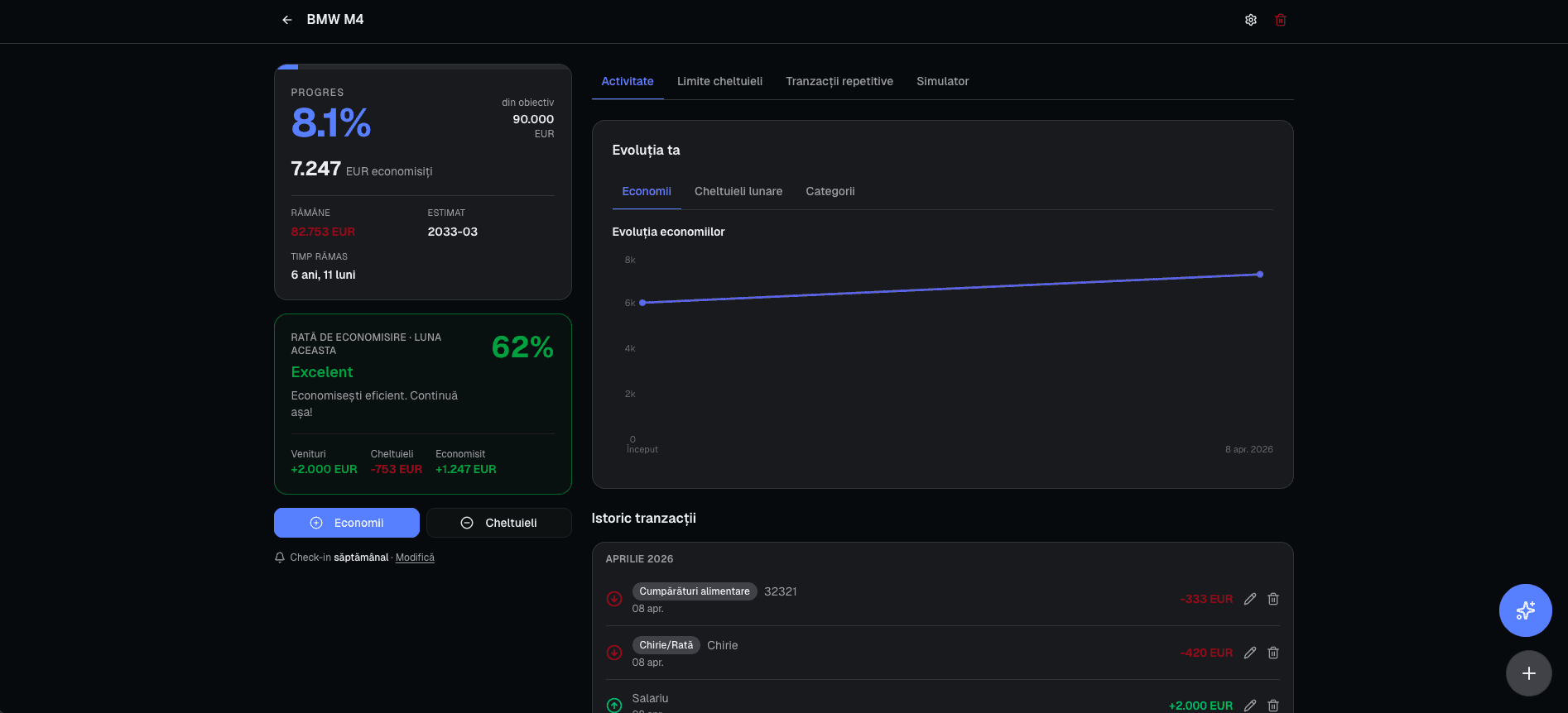 Dashboard plan de economii - dark mode